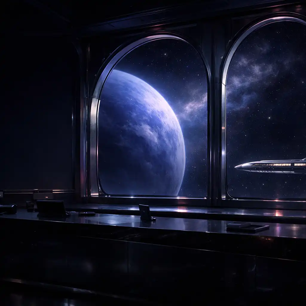 Ciemne okienko kosmicznej stacji z panoramicznymi oknami, planetą i odległym pociągiem międzygwiezdnym.