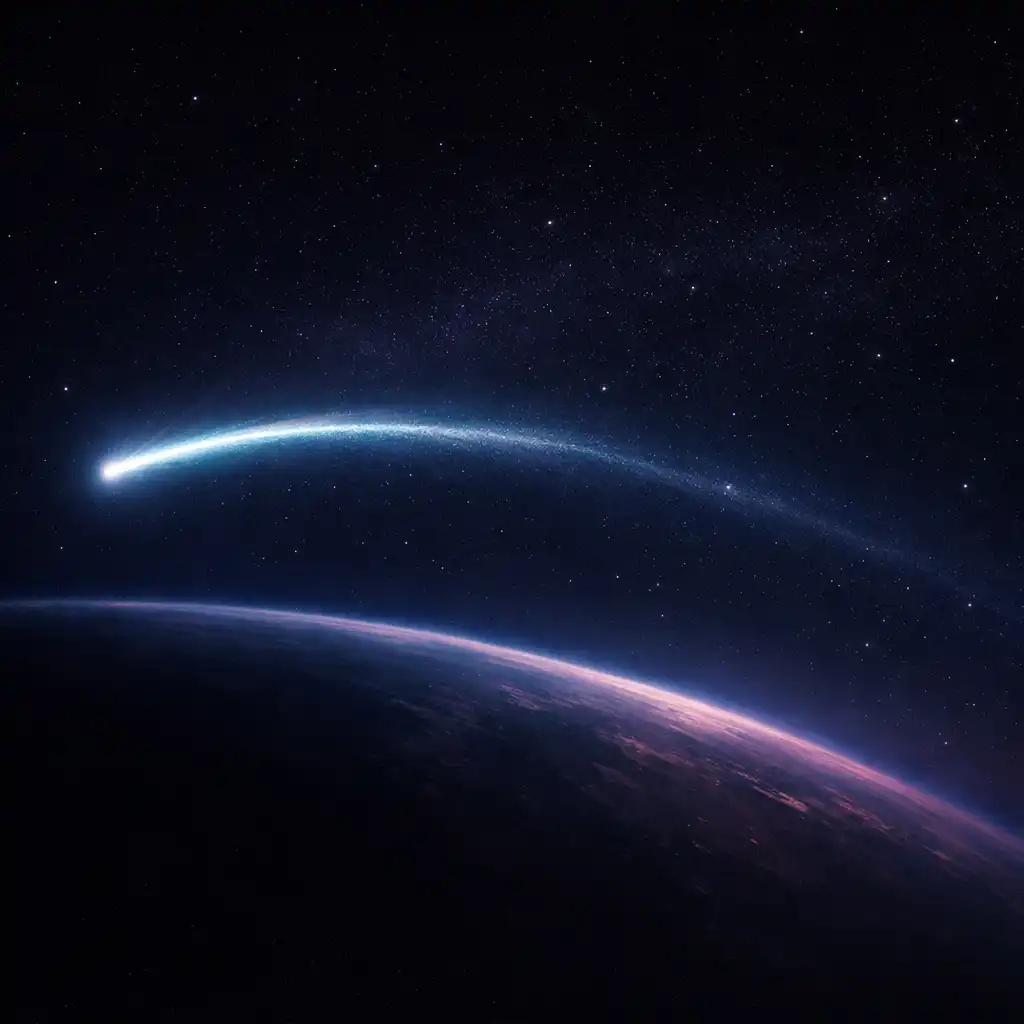 Świetlisty ślad komety zakrzywiający się nad ciemną planetą na tle spokojnego pola gwiazd