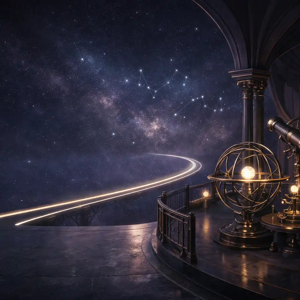 Anonimowe astralne obserwatorium z instrumentami i świetlistą trasą wśród gwiazd
