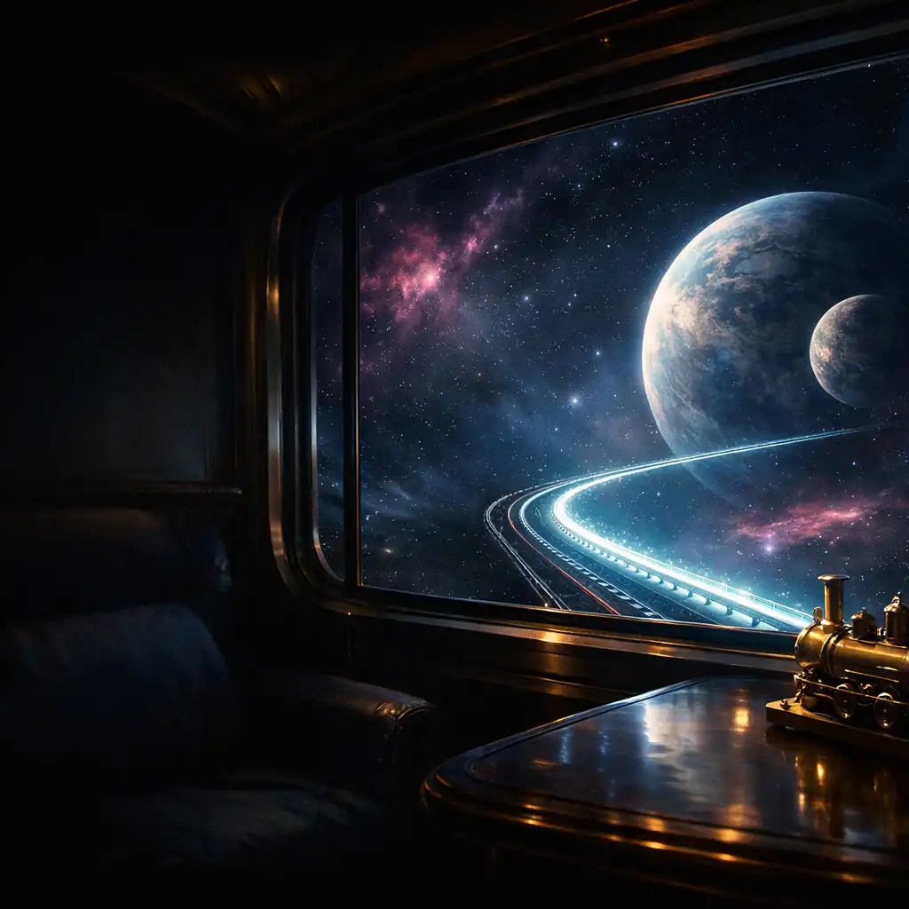 Ciemne obserwatorium kosmiczne z jasną linią trasy i planetami widocznymi po prawej stronie